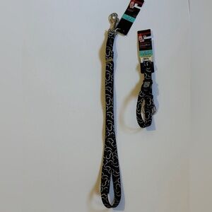 NEW Black and White Bone Patterned Dog Leash/Collar Set With ID Plate - Large